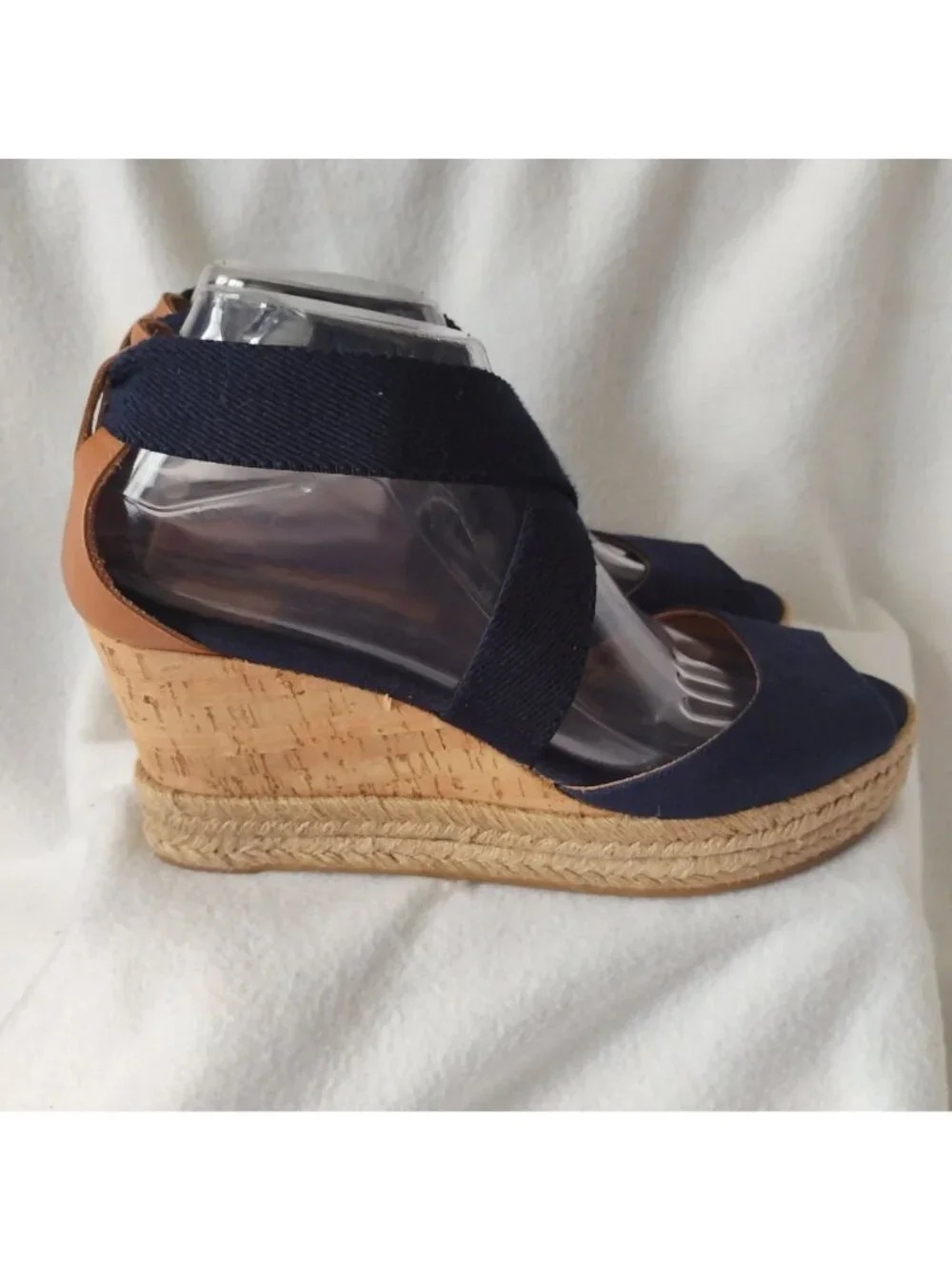 Tory Burch Natanya Wedge Espadrilles 9 Navy Blue Sandals w Elastic Ankle Straps